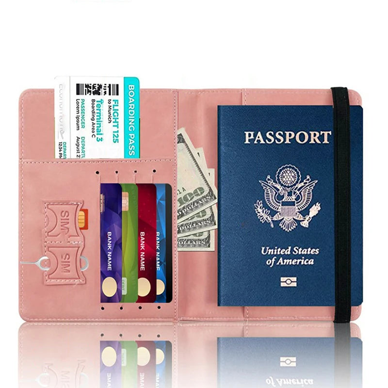 Rosa Multifunktions-Pass- und ID-Wallet-Cover mit verschiedenen Dokumenten und Karten darin.