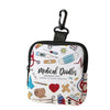 A medical doodles patterned coin purse and multi-use earphone case with a black hook.