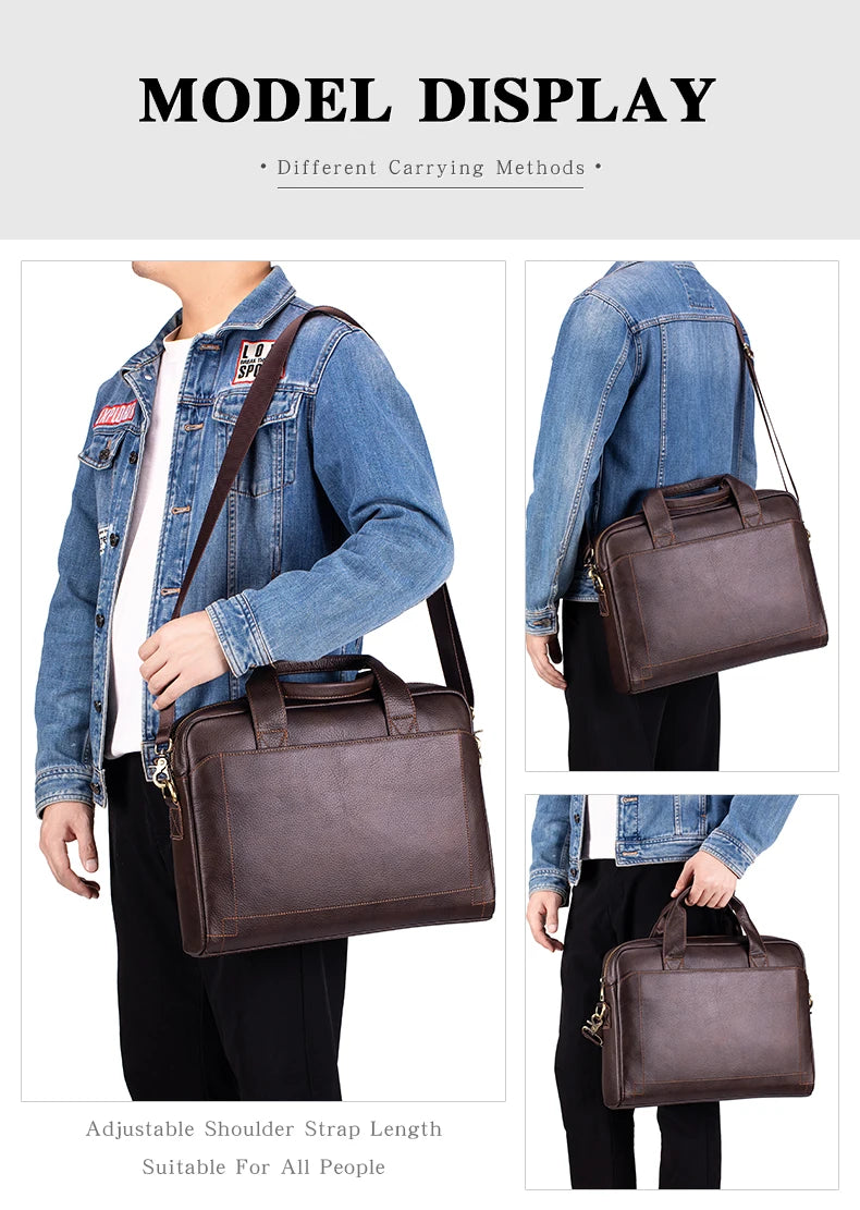 A brown genuine leather men's briefcase displayed on a man wearing a denim jacket.