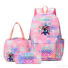 A pink multi-compartment backpack set featuring a vibrant floral pattern and a star design.