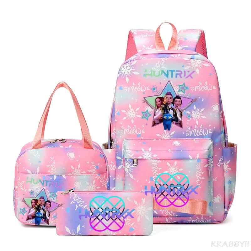 A pink multi-compartment backpack set featuring a vibrant floral pattern and a star design.