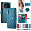 A collection of blue leather crossbody phone cases and a women's handbag displayed with various colors.