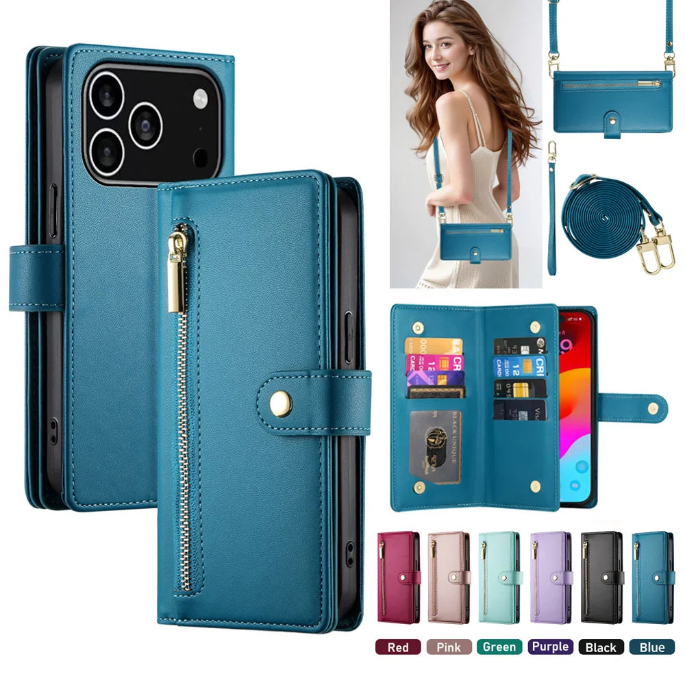 A collection of blue leather crossbody phone cases and a women's handbag displayed with various colors.