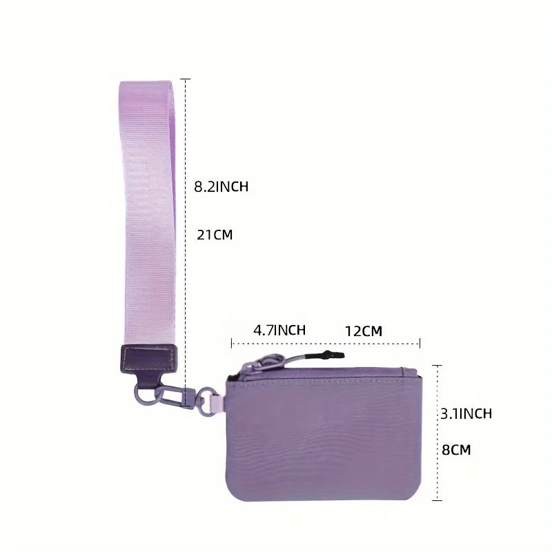 A purple elegant PU wristlet key card wallet with a matching strap and chain.