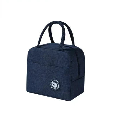 Navy blue reusable insulated lunch bag with carrying handles
