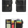 Black leather RFID anti-theft multi-card wallet for women shown in various views.