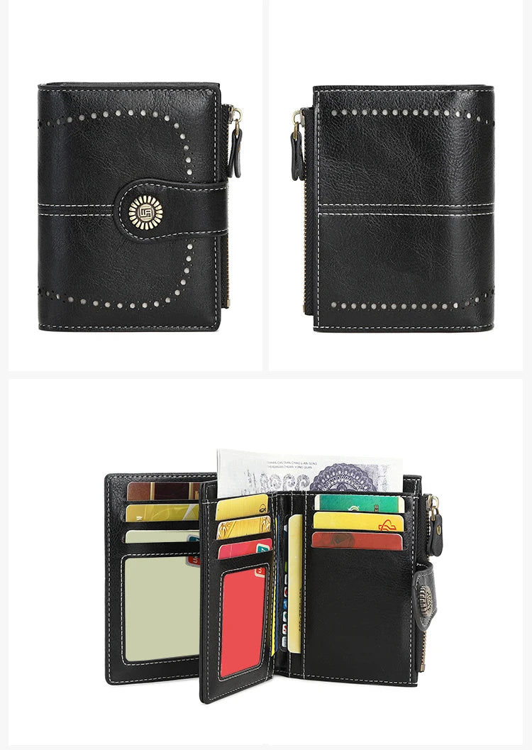 Black leather RFID anti-theft multi-card wallet for women shown in various views.