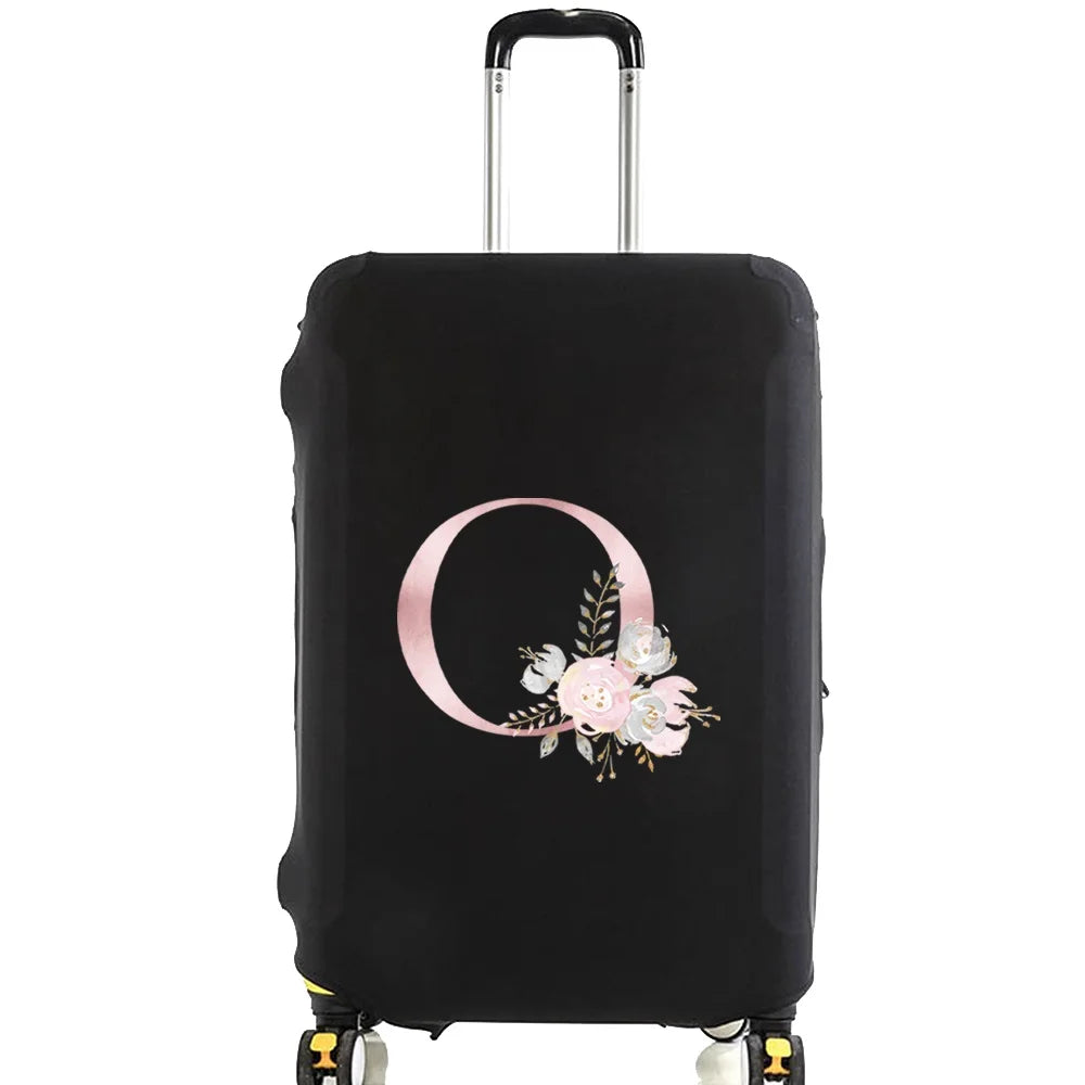 Black luggage with a pink floral design and silver handle.