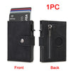A black leather wallet showing the front and back, with a card slot and an Airtag slot.