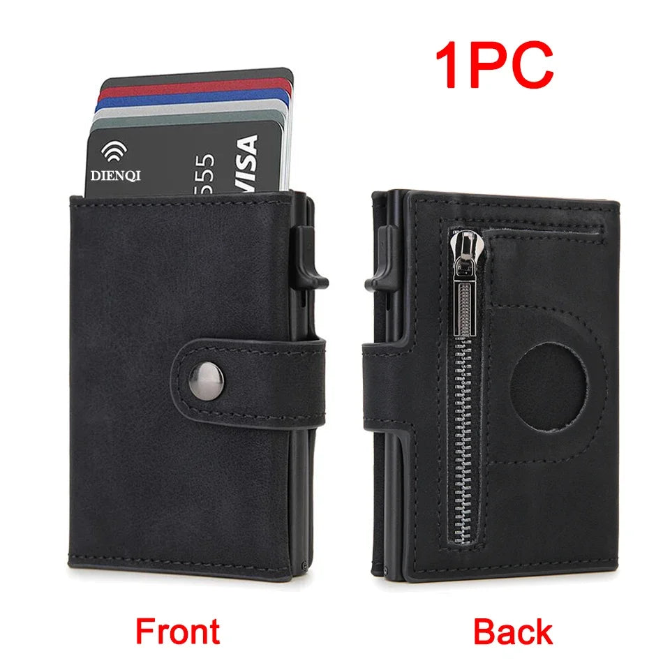 A black leather wallet showing the front and back, with a card slot and an Airtag slot.