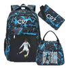 A black and blue patterned sports laptop backpack with a separate rain cover.
