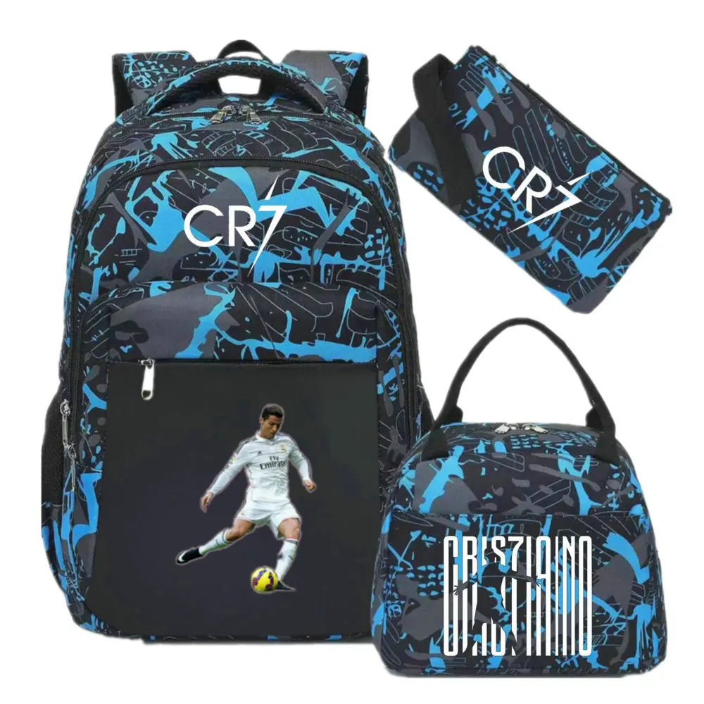 A black and blue patterned sports laptop backpack with a separate rain cover.