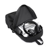 A black durable unisex leisure shoulder backpack shown open with headphones inside.