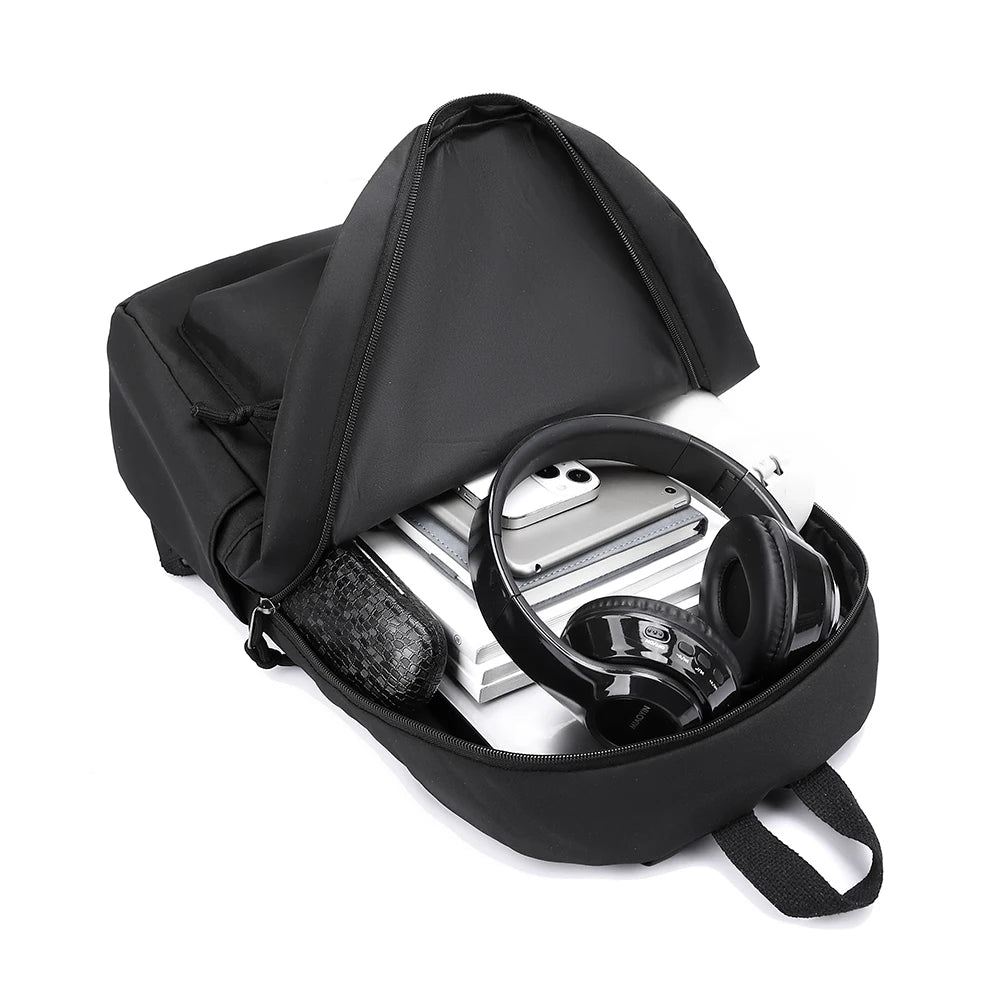 A black durable unisex leisure shoulder backpack shown open with headphones inside.
