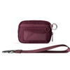 A deep purple iris checkered wallet with a flap and ID window, shown next to its leather strap.