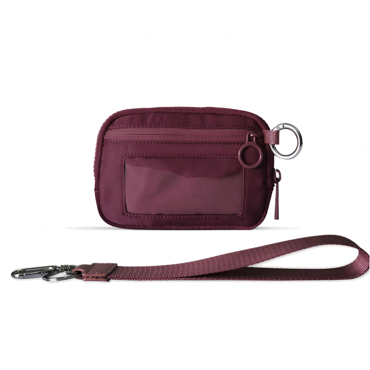 A deep purple iris checkered wallet with a flap and ID window, shown next to its leather strap.