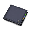 A black genuine leather bifold men's wallet with colorful stitching on the edge.