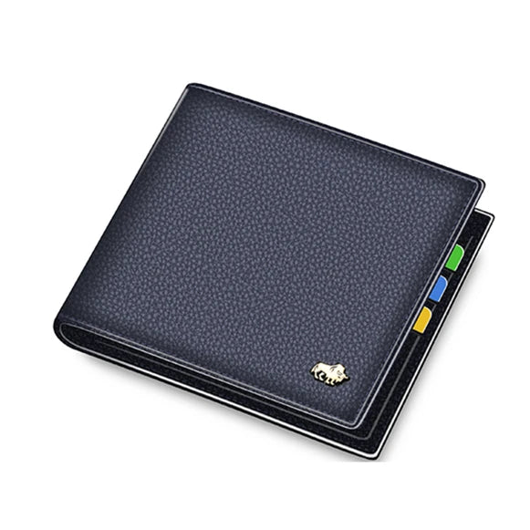 A black genuine leather bifold men's wallet with colorful stitching on the edge.