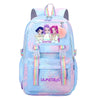 A light blue and pink Jacquard laptop backpack featuring a unicorn design and purple hair charms.
