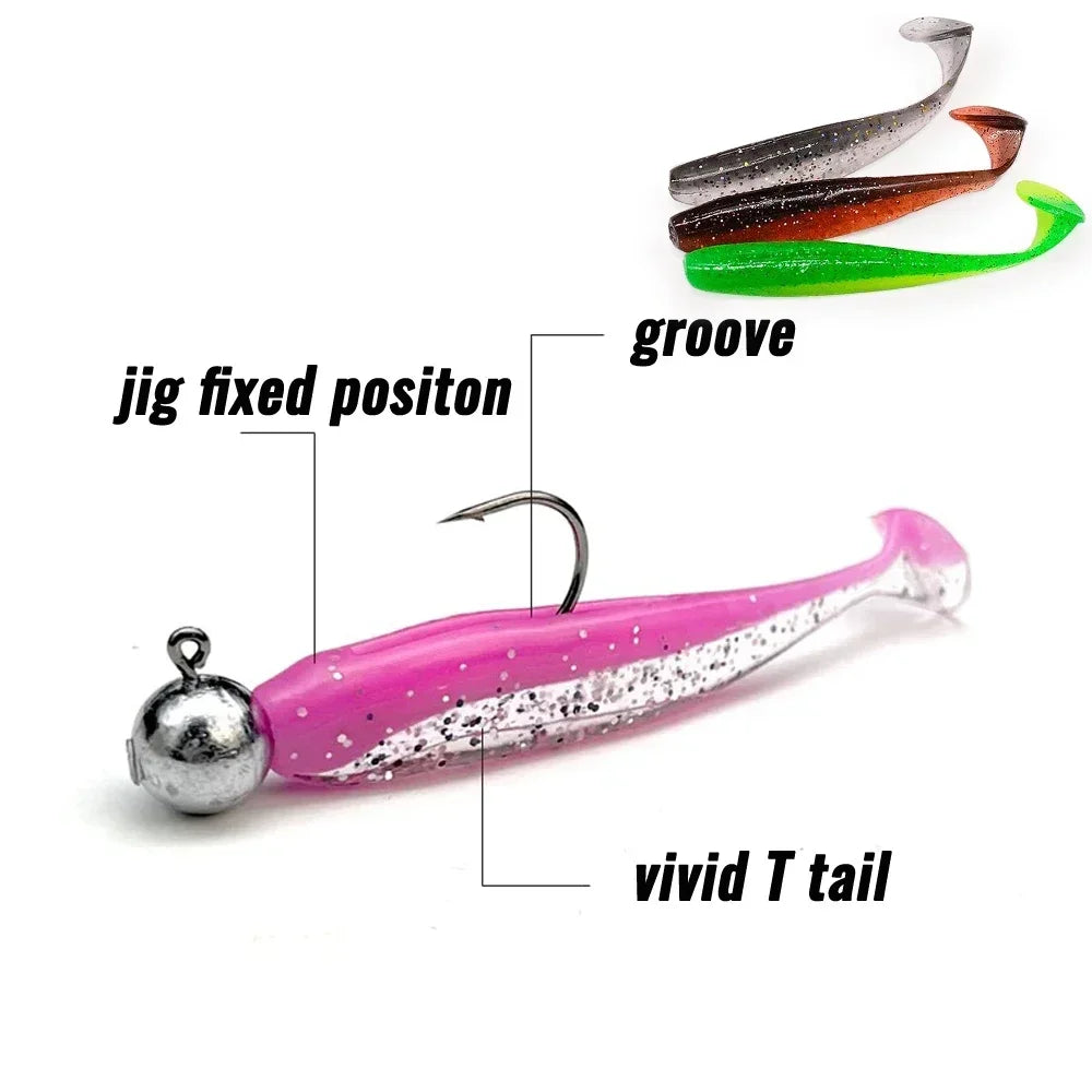 A jig fixed position lure with a silver bead and a vivid green groove and bright pink body.