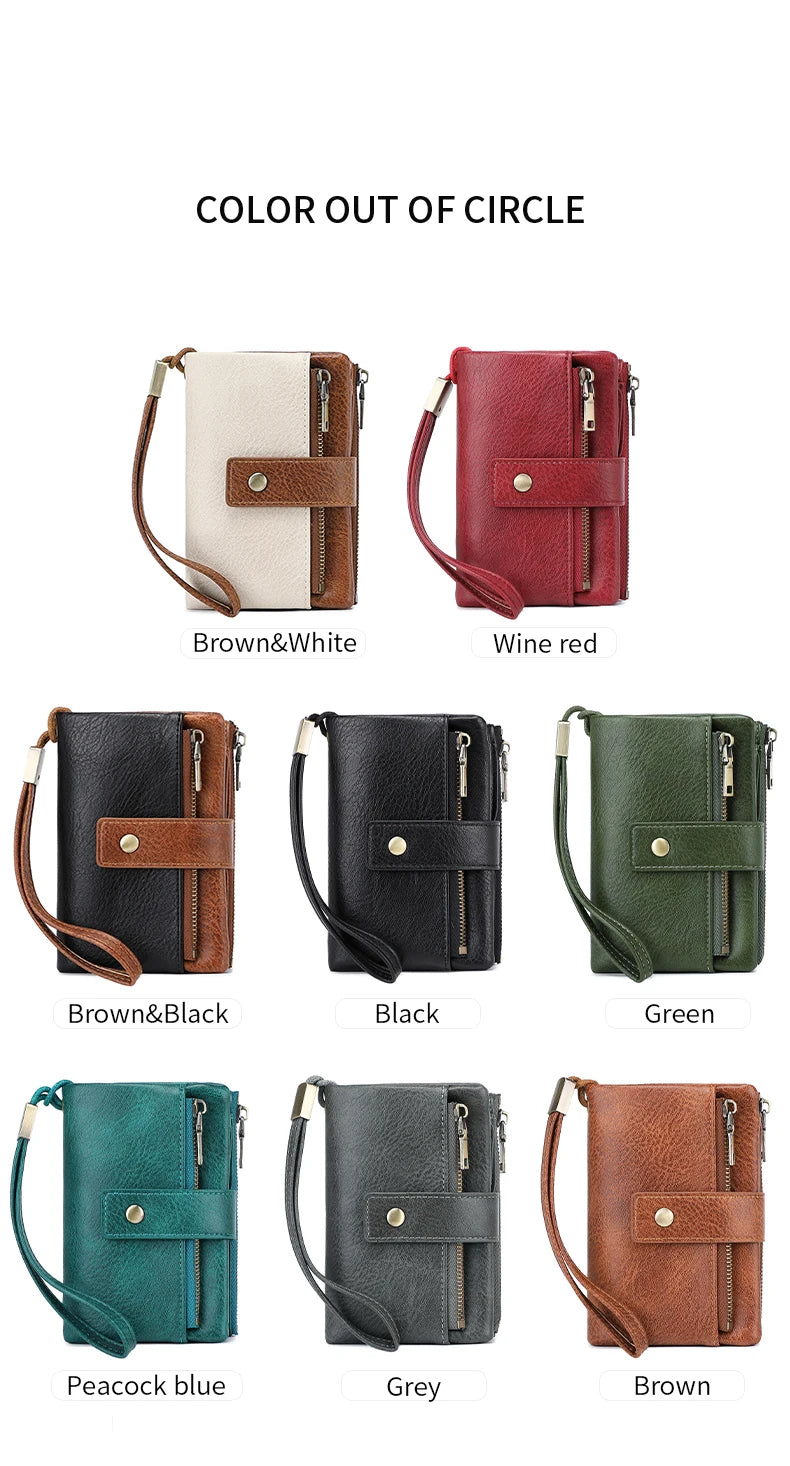 A collection of vintage RFID blocking multi-slot wallets in various colors including brown, white, wine red, black, green, an