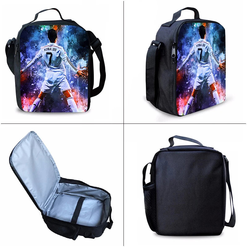 A set of three football player themed cartoon backpacks featuring a soccer player in a white jersey and shorts.