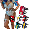 A woman wearing a sparkly top and bottoms, posing with an adjustable PU waist pouch in various national flag designs.