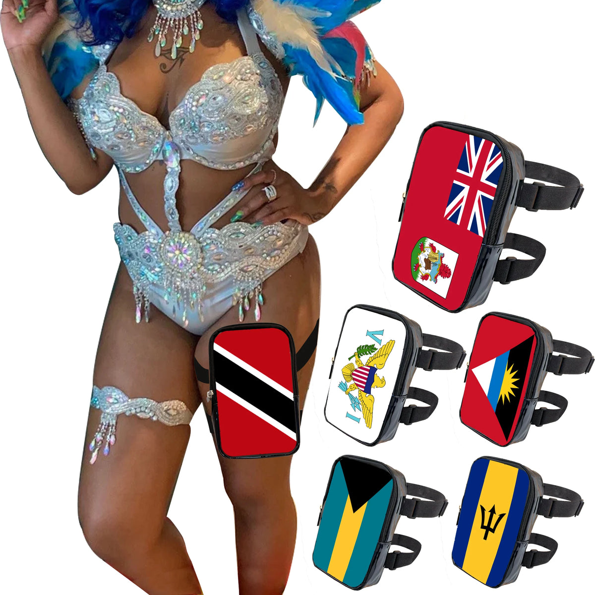 A woman wearing a sparkly top and bottoms, posing with an adjustable PU waist pouch in various national flag designs.