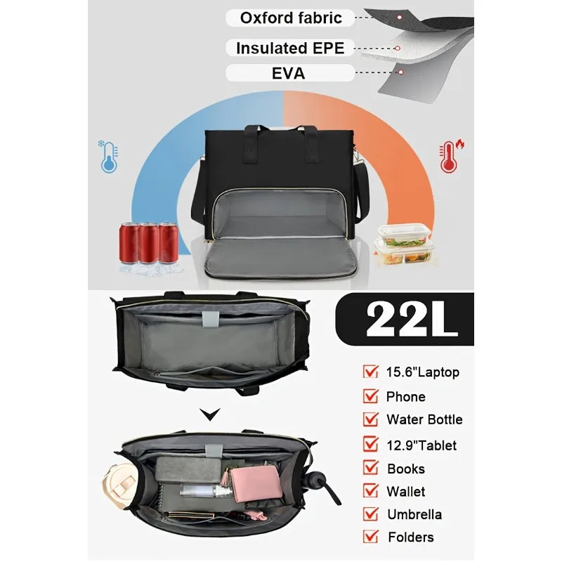Black insulated tote bag designed to hold a laptop, phone, tablet, books, wallet, umbrella, and folders.