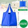 A bright blue reusable foldable grocery tote bag shown in various sizes and after folding.