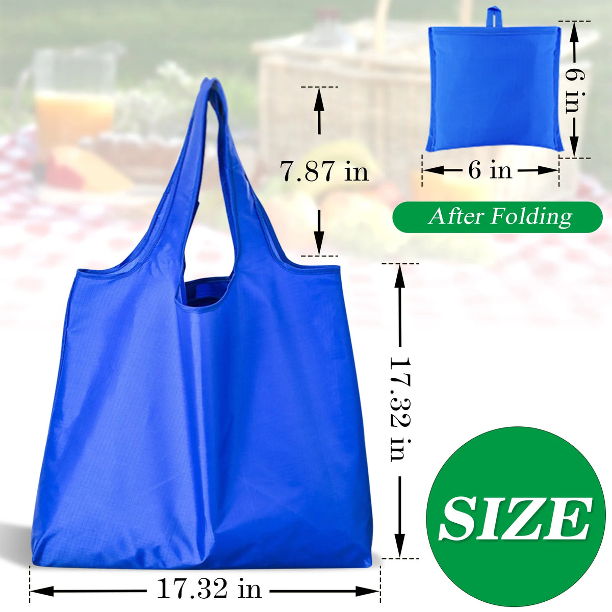A bright blue reusable foldable grocery tote bag shown in various sizes and after folding.