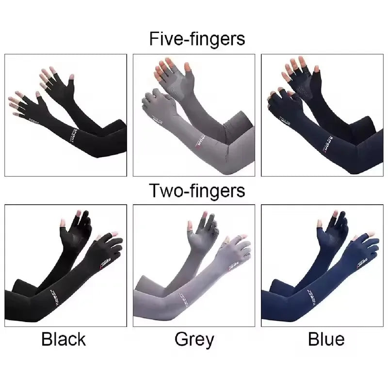 Un ensemble de cinq et deux doigts de manches en soie de glace noires, grises et bleues pour la protection UV.