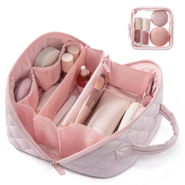 A pink quilted makeup organizer bag with a zipper, showing various makeup products and a small cosmetic palette.