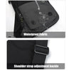 Close-up view of a black waterproof fabric sling bag showing the waterproof material and a shoulder strap adjustment buckle.