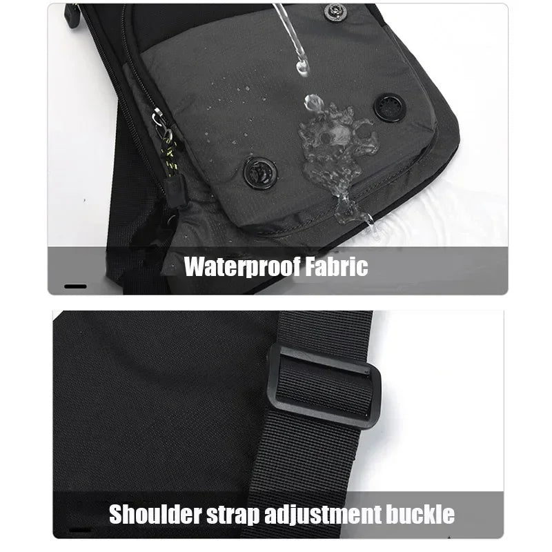 Close-up view of a black waterproof fabric sling bag showing the waterproof material and a shoulder strap adjustment buckle.