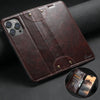 A dark brown leather magnetic flip case for a smartphone with a card holder visible in the corner.
