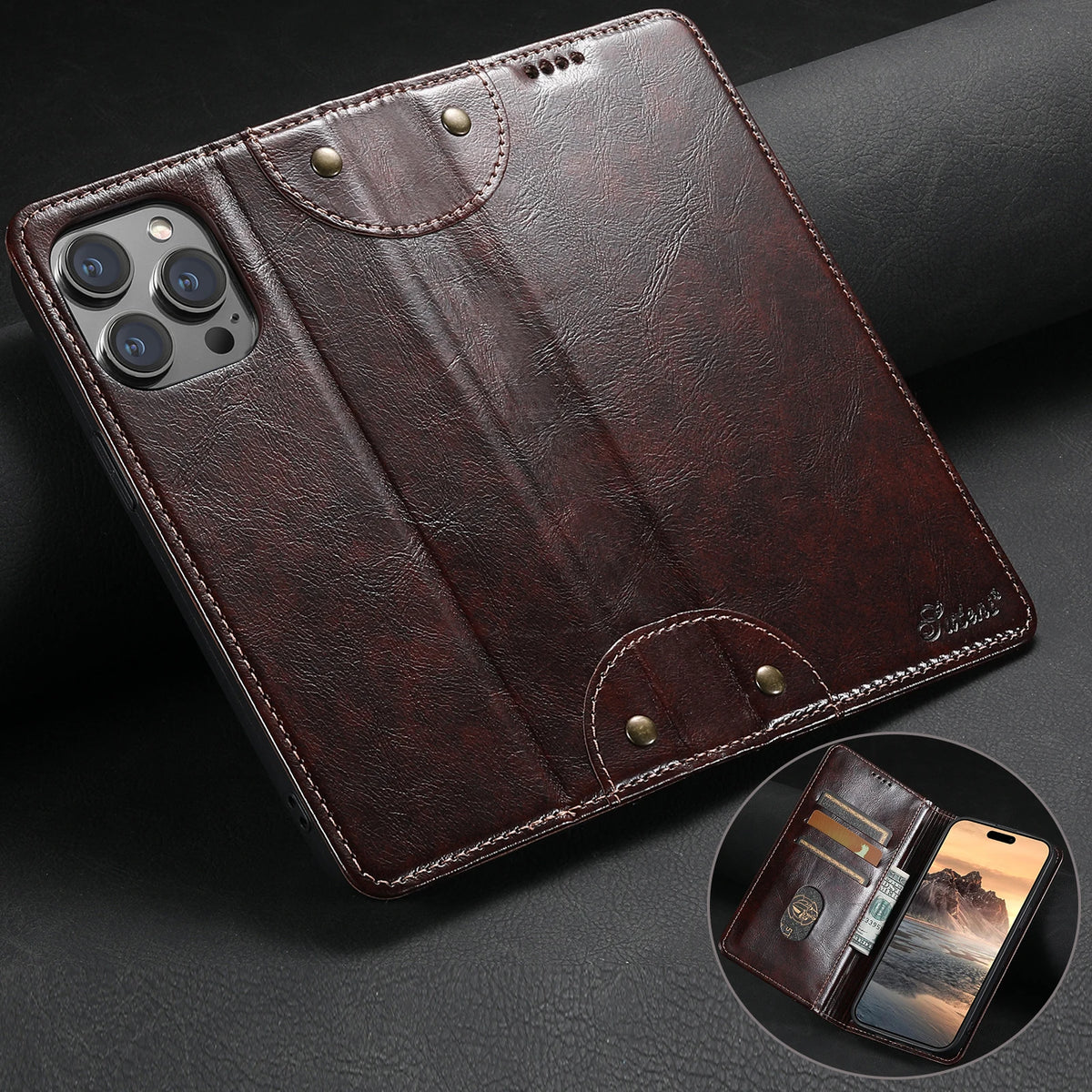 A dark brown leather magnetic flip case for a smartphone with a card holder visible in the corner.