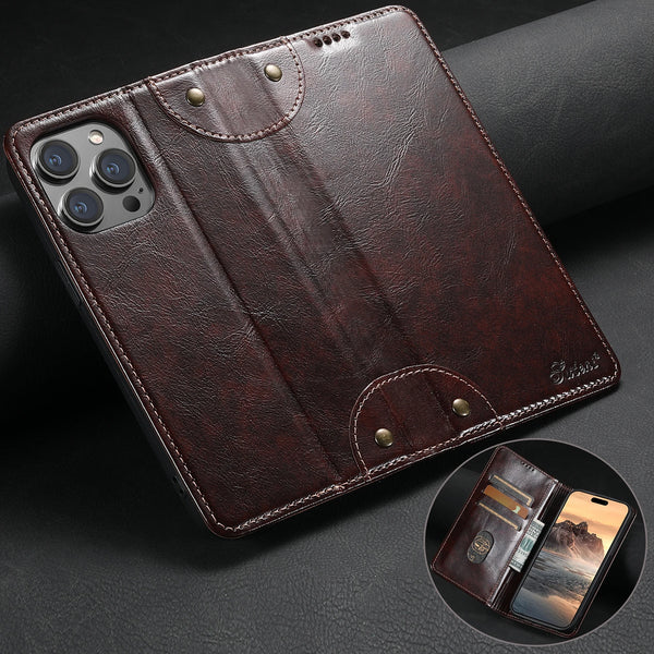 A dark brown leather magnetic flip case for a smartphone with a card holder visible in the corner.