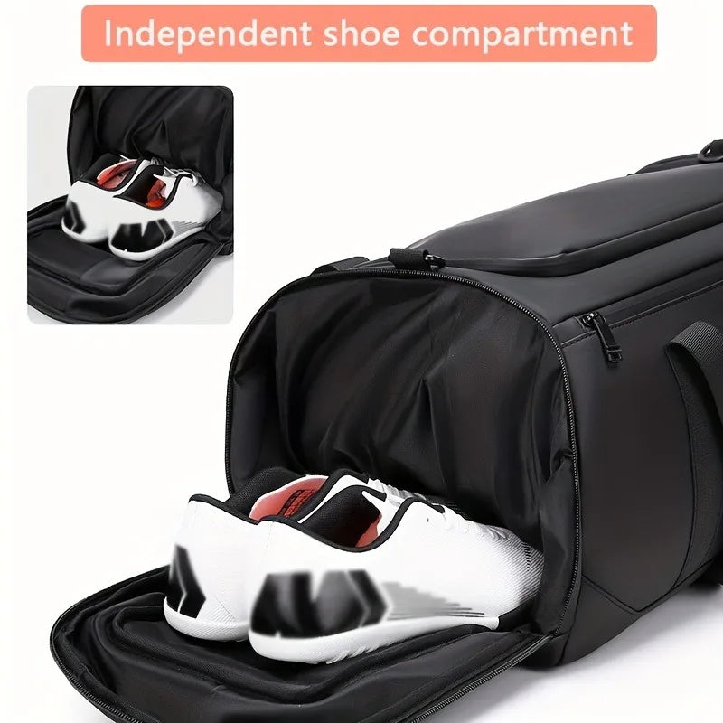 Black travel duffel bag with an independent shoe compartment showing a white and red sneaker inside.