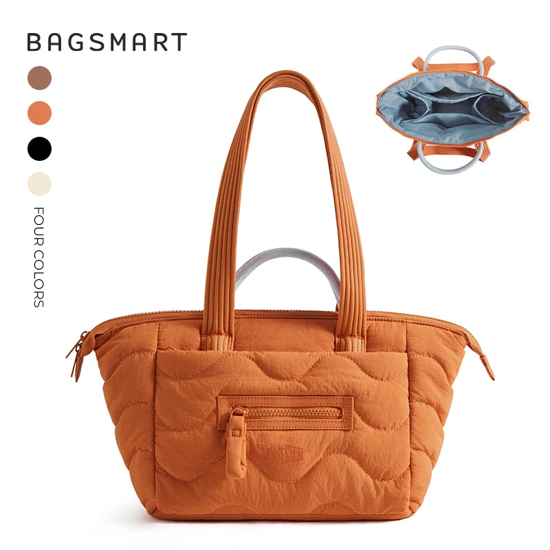 A quilted orange tote bag with a leather strap and an attached fabric pouch is shown next to color options.