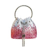 A crystal-embellished evening clutch with a chain, featuring pink and iridescent embellishments.