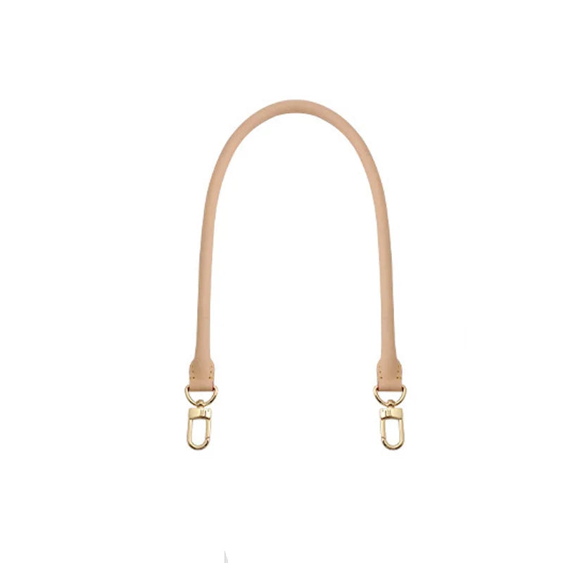 A light tan cowhide leather bag shoulder strap with a metal clasp.