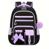 A purple and black 3-piece cartoon school bag set for girls with multiple compartments.