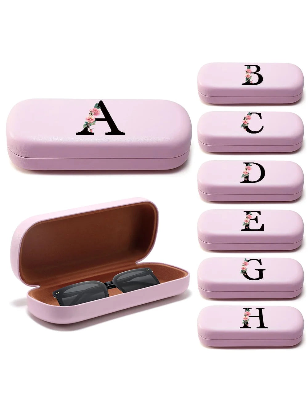 A set of personalized pink PU leather hard shell eyeglass cases labeled with letters A through H, each featuring a floral cha