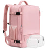 A pink 15-inch travel laptop backpack with clear plastic sleeves attached.