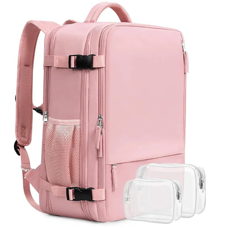 A pink 15-inch travel laptop backpack with clear plastic sleeves attached.