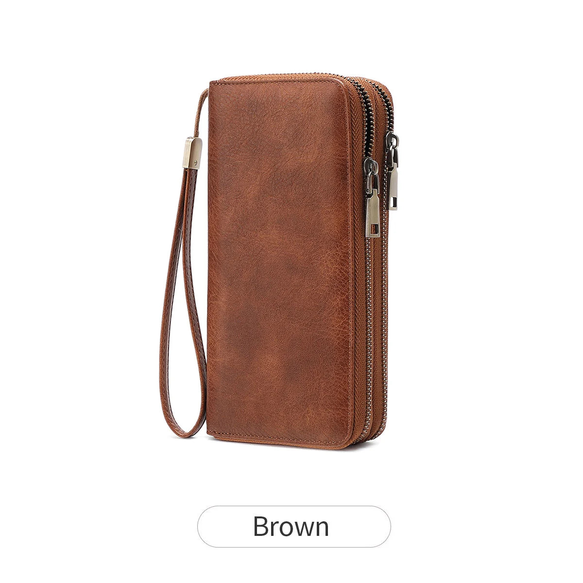 Brown leopard print RFID-blocking tri-fold wallet with a wrist strap