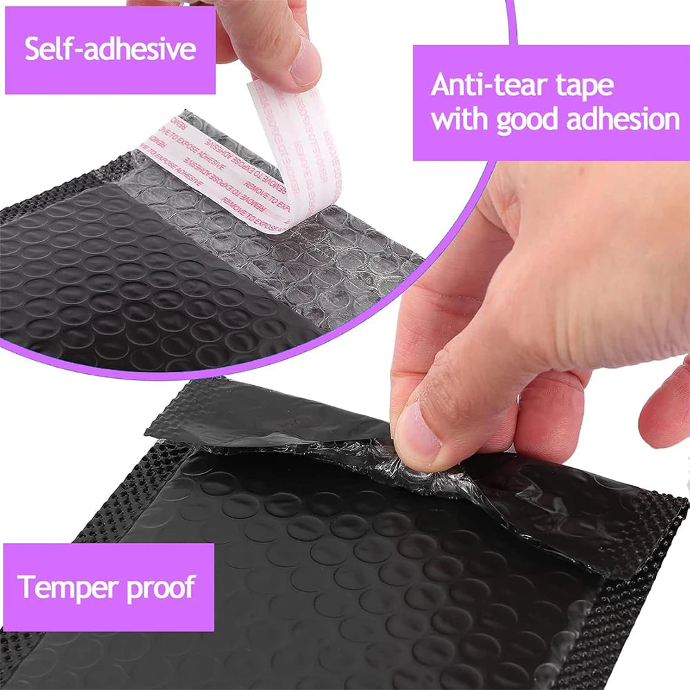 Black tamper proof bubble mailers with self-adhesive anti-tear tape closure