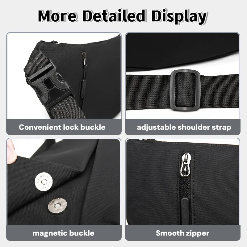 A black women's casual PU chest bag showing various features like a lock buckle, adjustable strap, magnetic buckle, and smoot