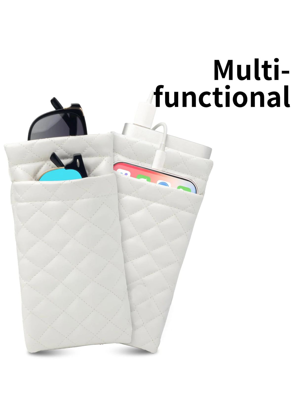 White quilted multi-functional storage bag for glasses and other small items